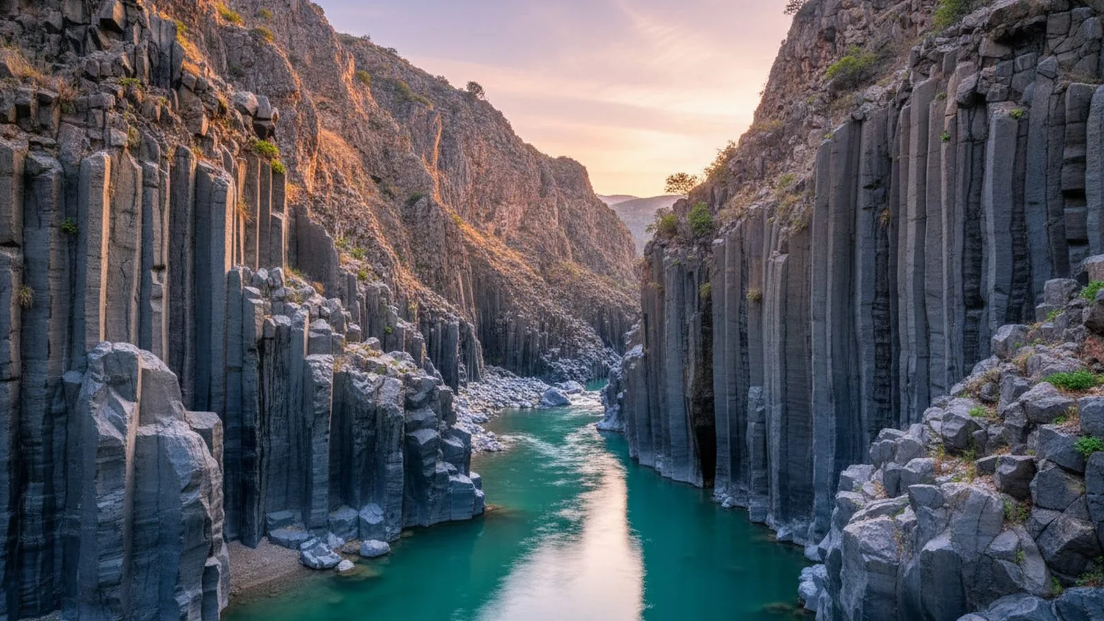 Le pareti di basalto prismatico delle Gole dell'Alcantara con il fiume sul fondo